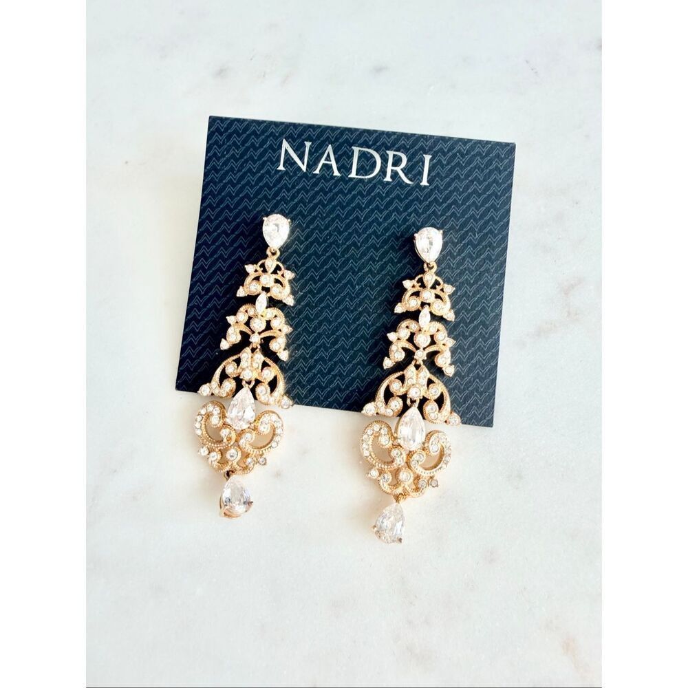 Nadri Gold Crystal Chandelier Earrings | Bridal Wedding Statement Drop CZ - Picture 3 of 6